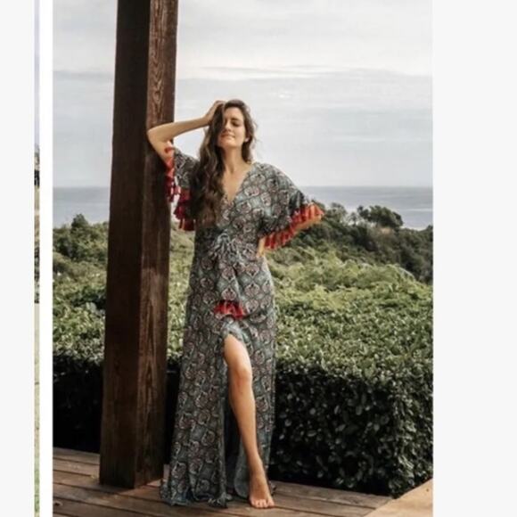 Anthropologie Sachin + Babi Maxi Dress Size 2 Tasseled Red Blue Abstract Satin - Picture 2 of 16